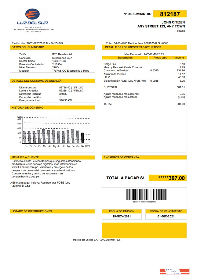 Peru Luz de Sur utility bill template in Word and PDF format, fully editable